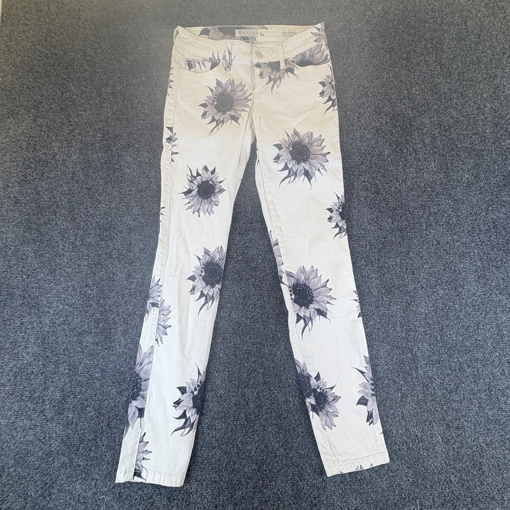 Guess Kate Leggings Jeans Womens 26x27.5 White Black Sunflower Floral Denim